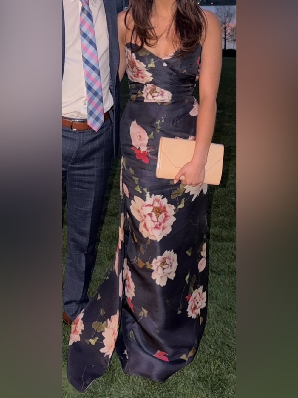 Monique Lhuillier Navy Blue Silk Floral Gown